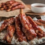 Oven baked bbq ribs on a bed of rice.