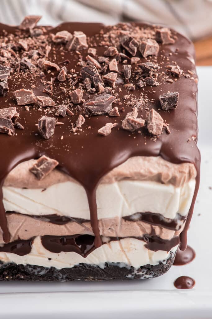 Ice cream cake with chocolate glaze.