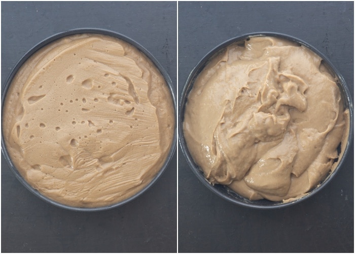 Coffee pastry cream from the fridge before and after beaten to creamy.
