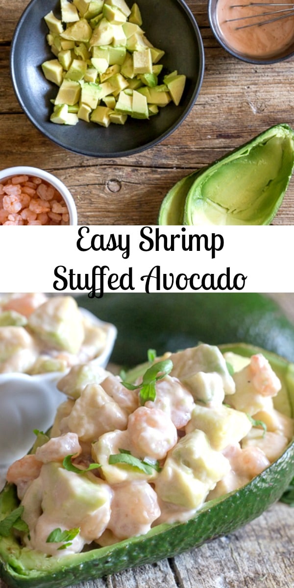 Shrimp Stuffed Avocado, made with only five ingredients, a fast and easy appetizer or main dish. The perfect Summer Recipe. #avocado #shrimp #appetizer #maindish #healthyrecipe #fast #easyrecipe