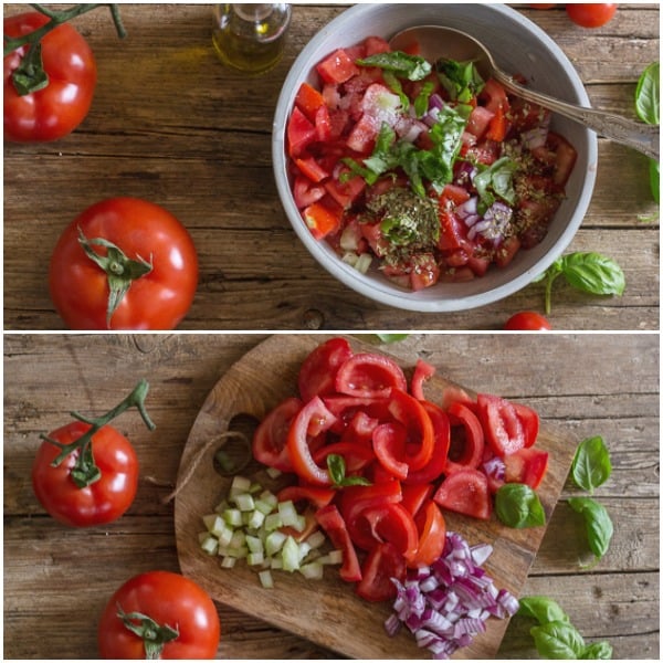 tomato bruschetta how to make in cut up in a bowl and uncut on a board