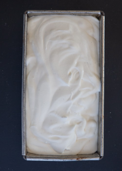 Ice cream in the loaf pan before freezing.