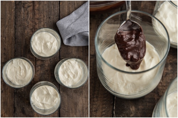 Adding the filling and chocolate to the glass.