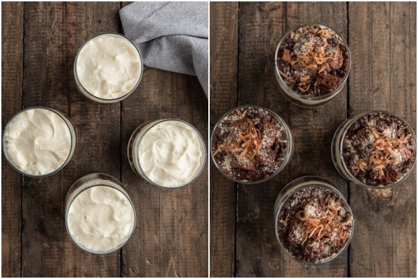 Adding the brownie bites and filling to the parfait.