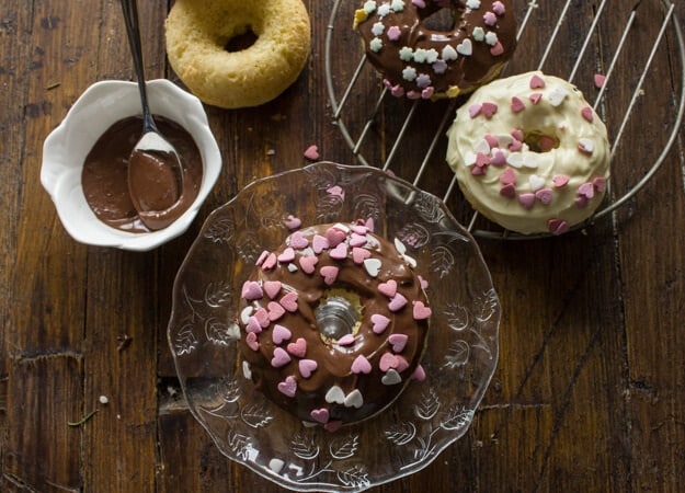 chocolate dipped baked donuts up close