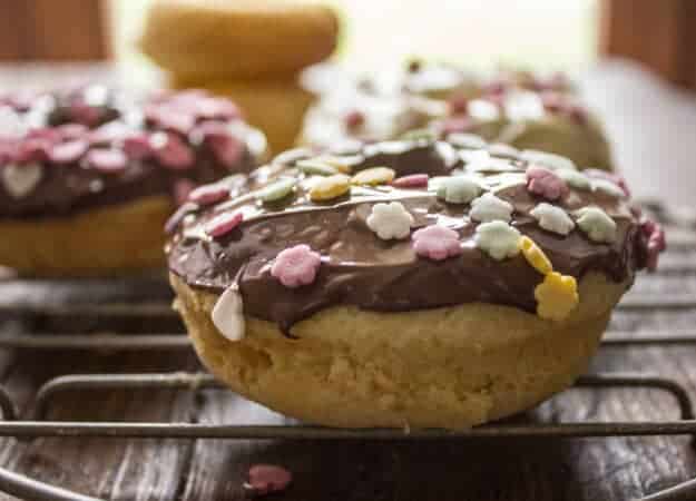 chocolate dipped baked donut with sprinkles