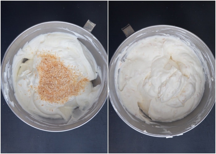 The ice cream mixture mixed in a silver bowl.