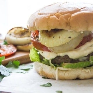 Parmesan Crusted Burgers with Grilled Onions and Tomatoes, your next burger just got amazing, delicious juicy patties and grilled veggies.