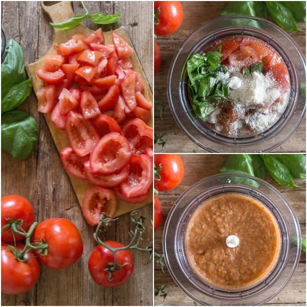 tomato pesto how to make cut up tomatoes, ingredients in the mixer and ingredients mixed