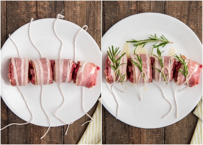 Rolling and tying the beef rolls.