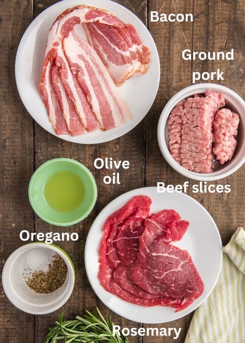 Recipe ingredients for the grilled beef rolls.