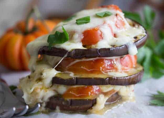 grilled eggplant stacks with basil chiffonade
