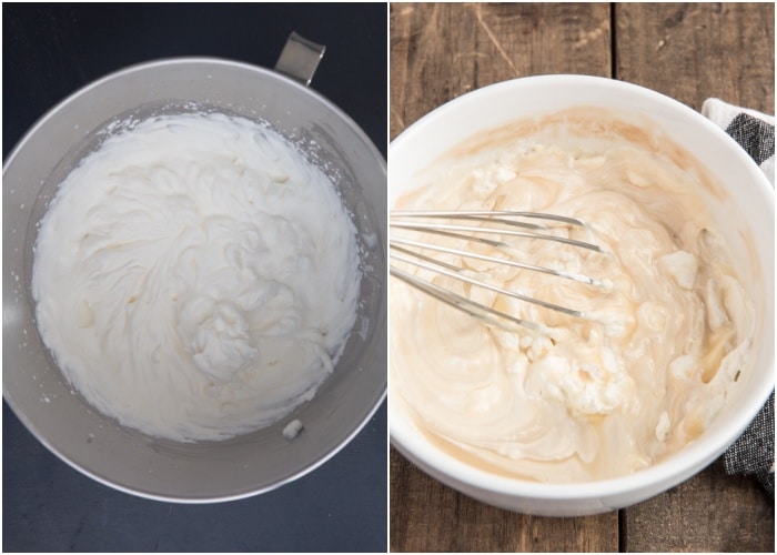 The cream whipped and mixing with the sweetened condensed milk mixture.