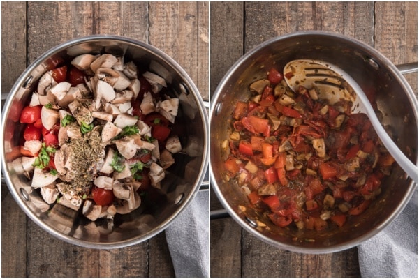 cooking the vegetables in a small pot.