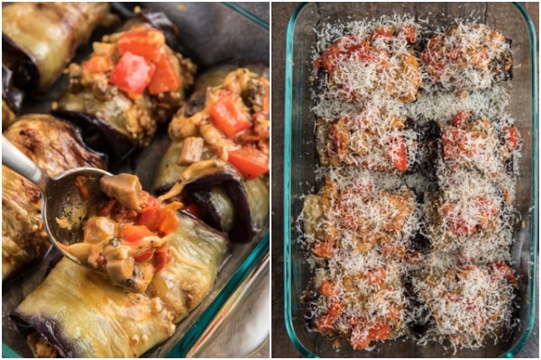 Rolled up and in a pan with vegetable mixture on top and grated parmesan cheese before baking.