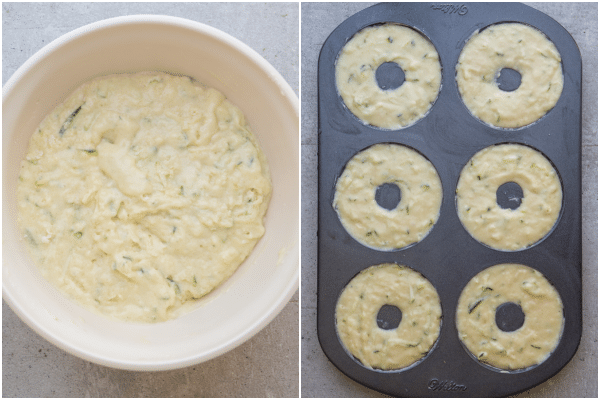 how to make zucchini donuts mixed in a white bowl and added to the donut pan