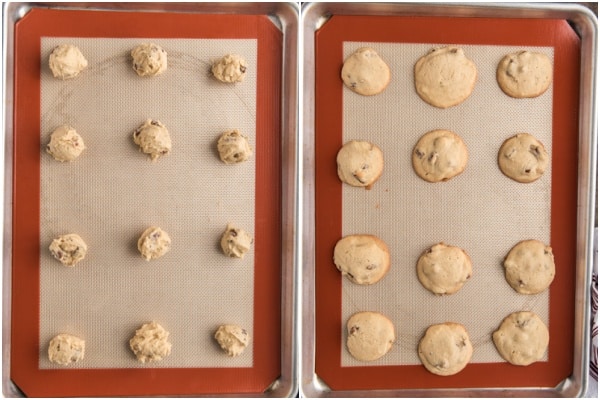 cookie dough balls before and after baked on cookie sheets.