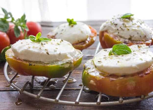 Grilled Tomatoes with Mozzarella, a healthy simple, fast and easy Appetizer, Breakfast or dinner BBQ Recipe Idea.