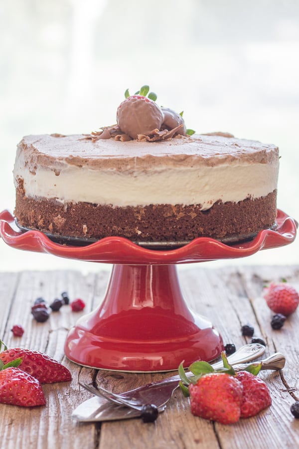 double chocolate mousse cake on a red cake stand