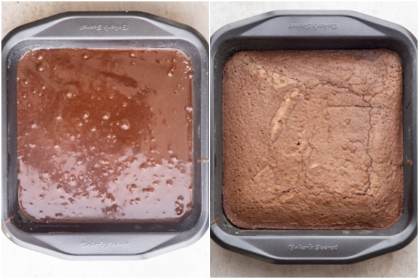 The batter in the pan before and after baked.