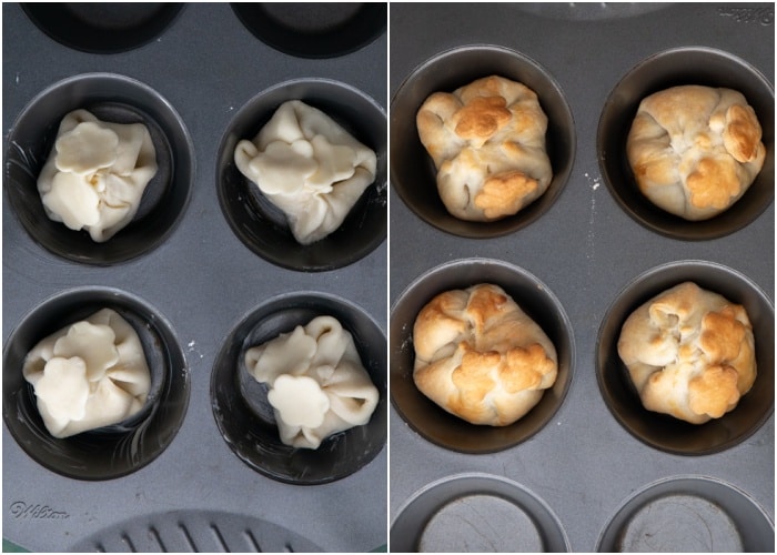 The puff pastry balls in the muffin tin before and after baking.