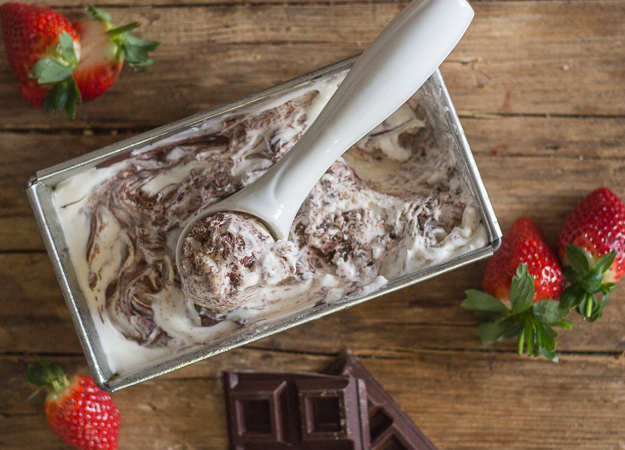 chocolate strawberry ripple ice cream in a loaf pan