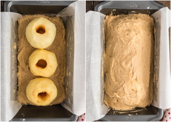 The batter and apples on top with remaining batter in the loaf pan.
