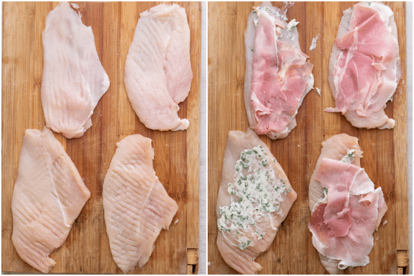 spread chicken slices with parsley butter and ham