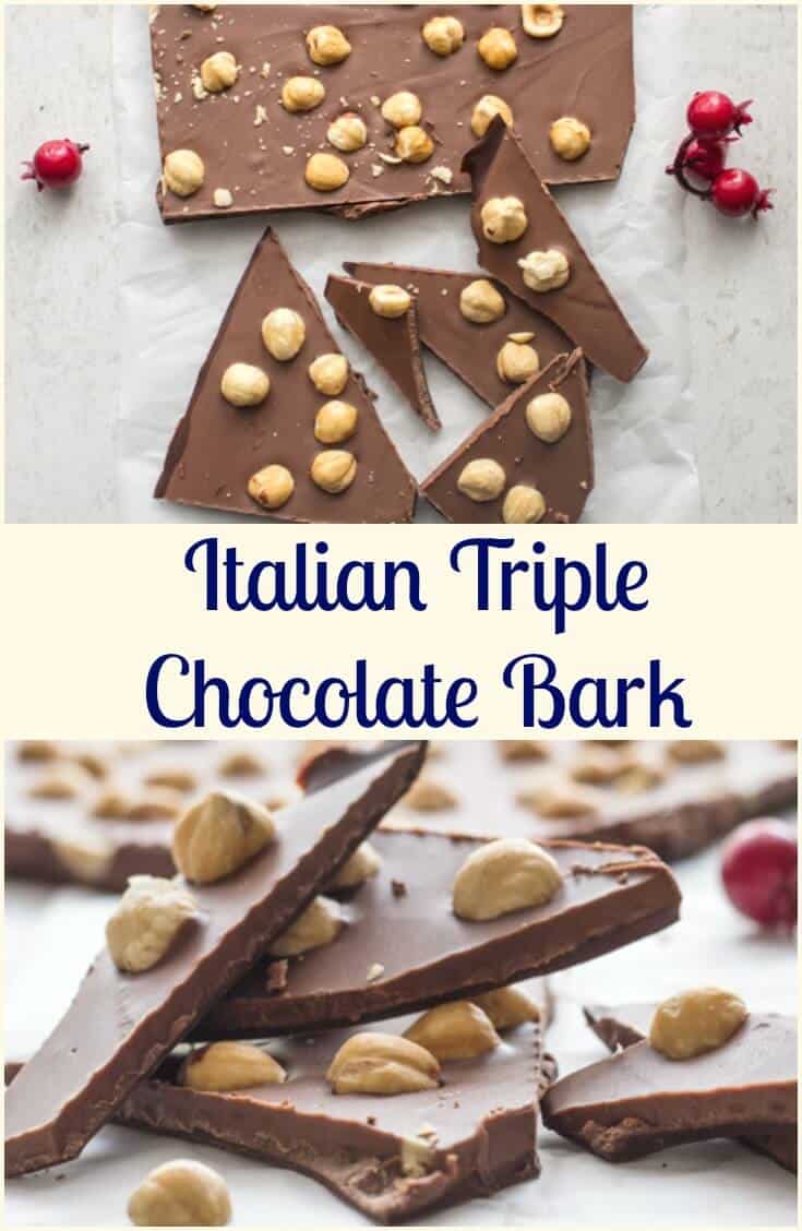 A Homemade Christmas Italian Triple Chocolate Bark recipe.White, Dark, Milk and an additional ingredient make this easy Bark a yummy treat.