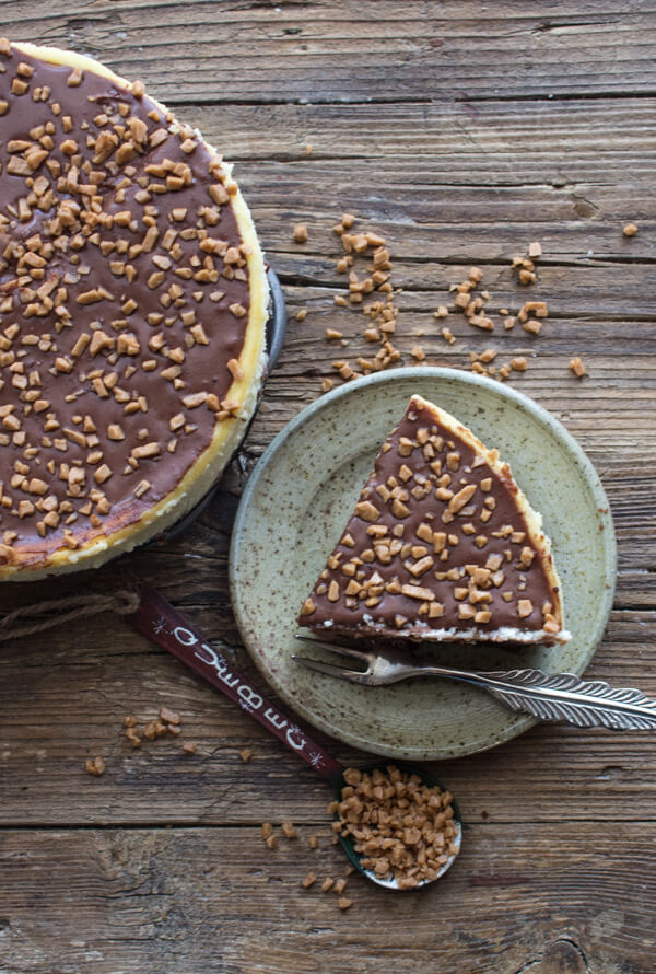 Vanilla and Dark Chocolate make this Homemade Vanilla Chocolate Cheesecake the Best Decadent Dessert.Perfect sprinkled with Skor Toffee Bits.