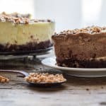 White and Dark Chocolate make this Homemade Double Chocolate Cheesecake the Best Decadent Dessert . Perfect sprinkled with Skor Toffee Bits.