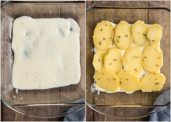 White sauce on the pan and topped with potatoes.