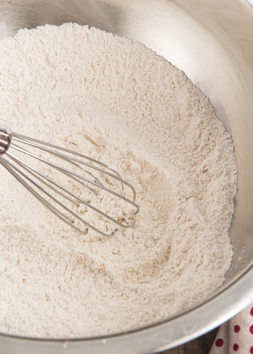 The dry ingredients whisked in a bowl.