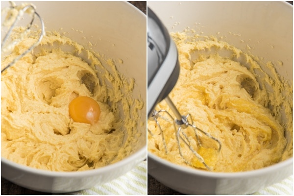 Beating the eggs into the batter.