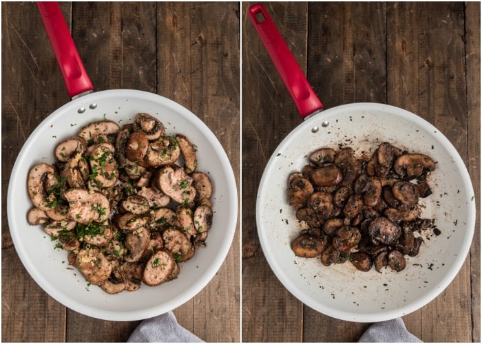 Cooking the mushrooms in a white pan.