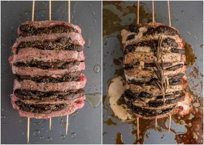 The roast on a baking sheet before and after cooked.