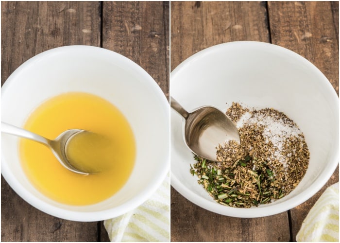 Butter and spice mixture mixed in two white bowls.