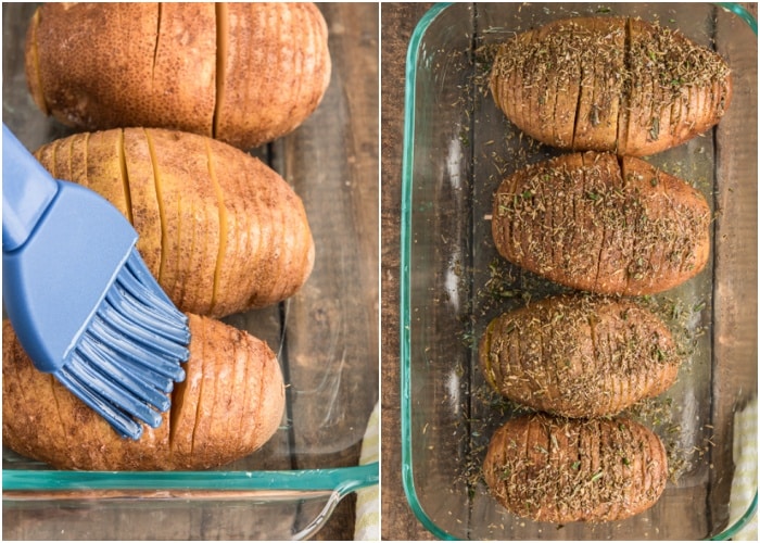 Brushing the potatoes with butter and sprinkled with the spices.