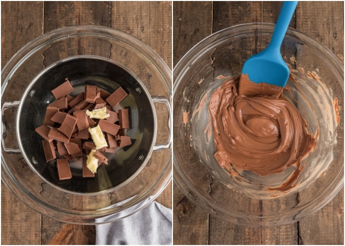 Mixing the chocolate and butter until melted and smooth in a glass bowl.