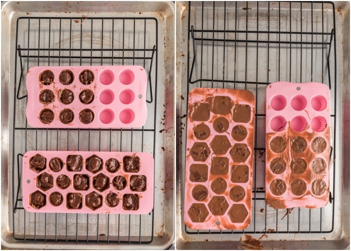 The filling in the mold and covered in the remaining chocolate.