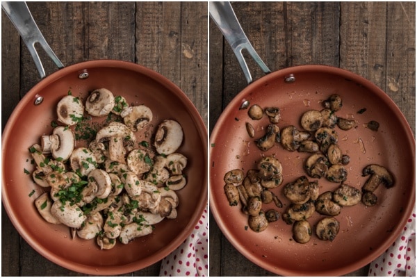 Mushrooms in a pan before and after cooked.