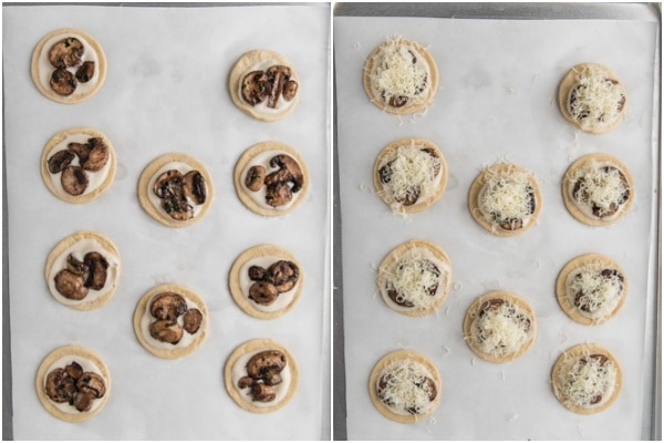 Mushrooms and cheese on the tarts.