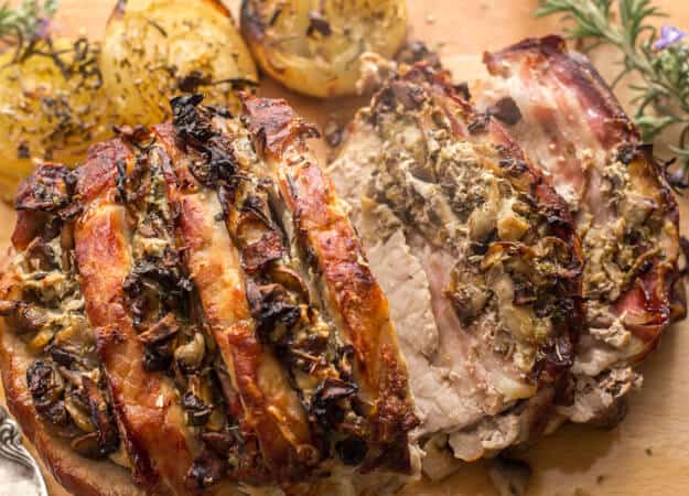 Hasselback Stuffed Pork Roast, a delicious Oven Baked Pork Loin Recipe, stuffed with mushrooms and bacon, the perfect Dinner Meal.