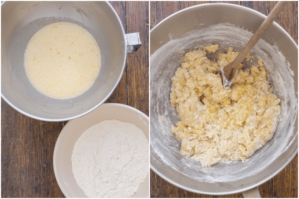 almond biscotti how to make egg mixture and whisked flour in bowls, mixing it together
