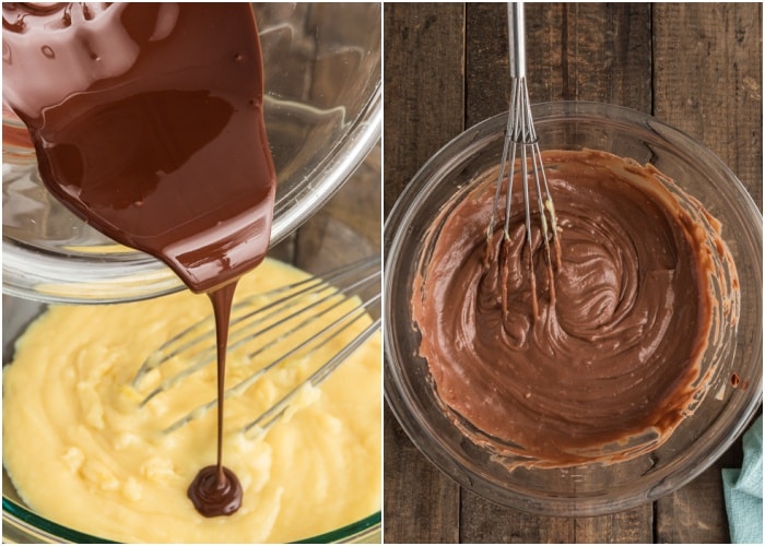 Making the chocolate pastry cream in a glass bowl.