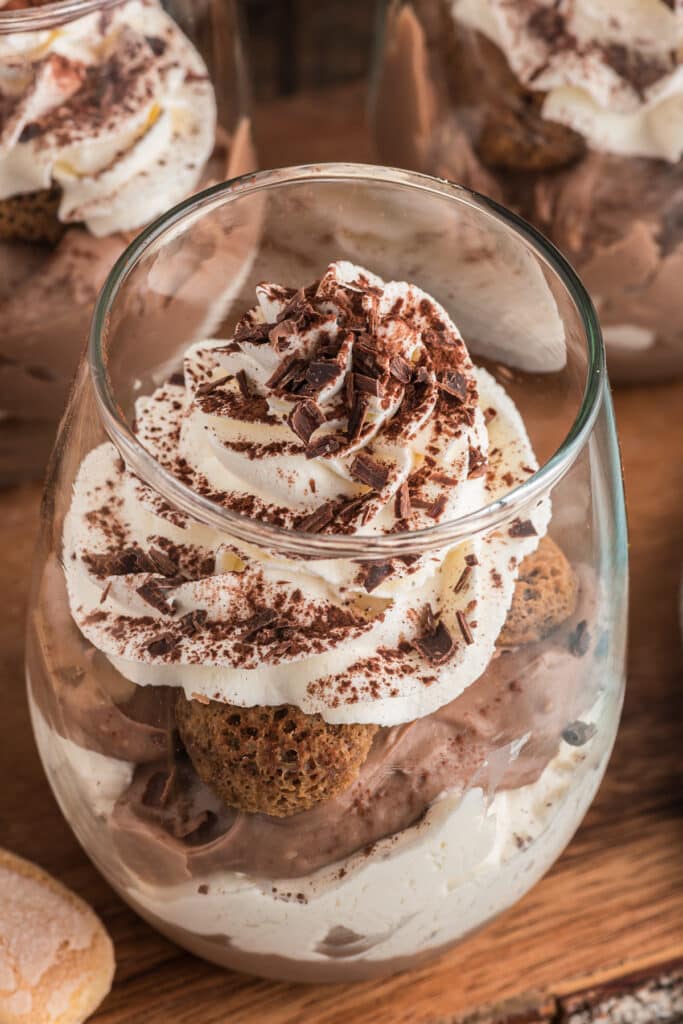 Chocolate tiramisu in a glass.