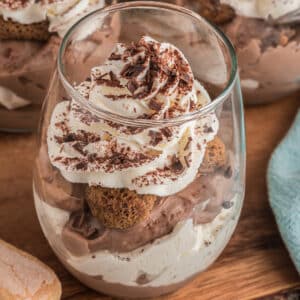 Chocolate tiramisu in a glass.