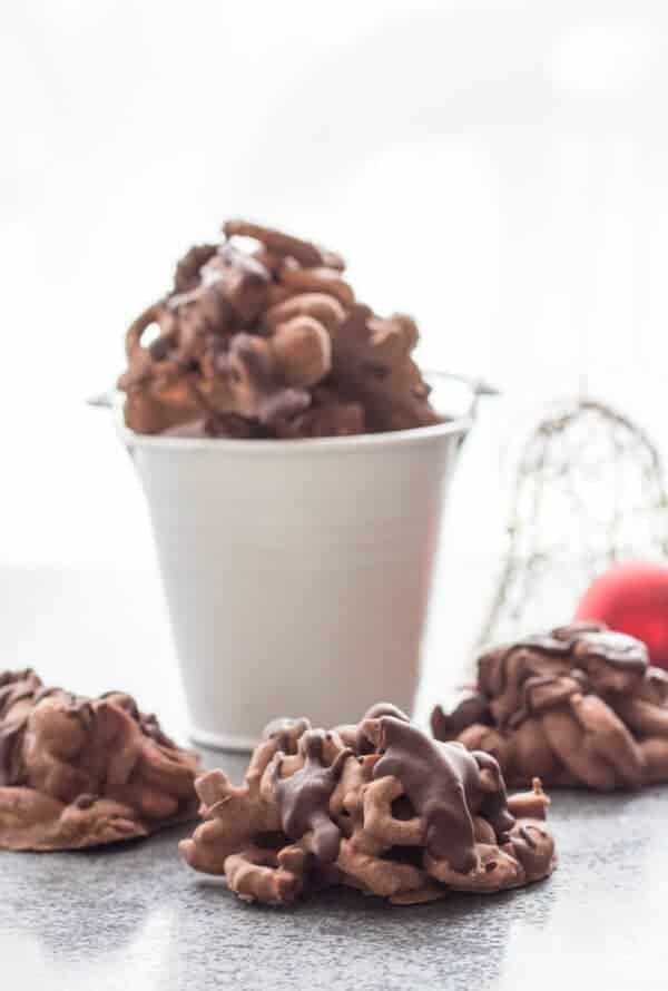 Loaded Double Chocolate Clusters, fast and easy almond, pretzel and sponge toffee cluster recipe. Milk and dark chocolate make them so yummy.