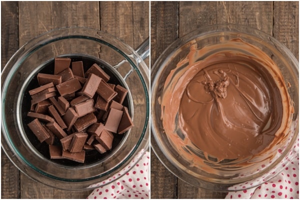 The melted chocolate before and after in a glass bowl.