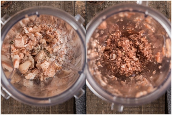Mixture before and after mixed in a food processor.